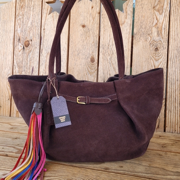 *Rare* Suede Leather Tote Shoulder Handbag With Mutlicolored Leather Tassel NWT - Picture 7 of 12